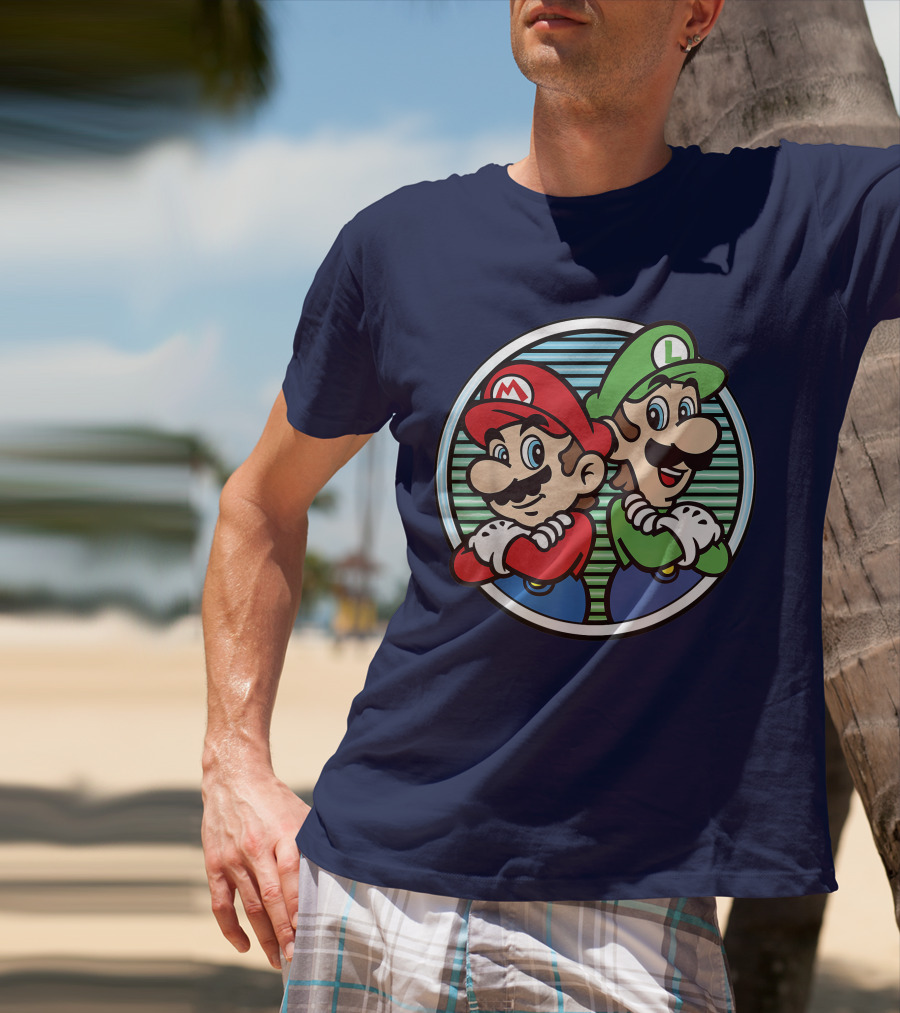Super Mario Luigi Back To Back Iconic Brothers Circular Retro Stripes T-Shirt