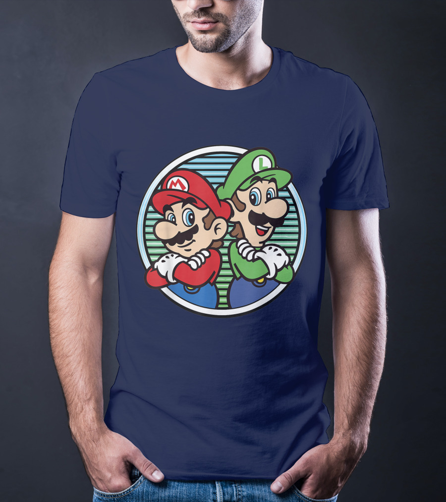 Super Mario Luigi Back To Back Iconic Brothers Circular Retro Stripes T-Shirt