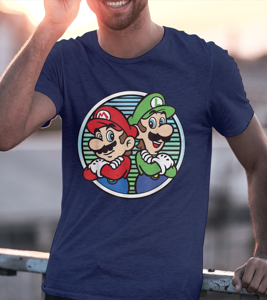 Super Mario Luigi Back To Back Iconic Brothers Circular Retro Stripes T-Shirt