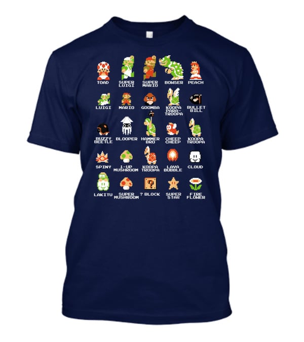 Super Mario 8 Bit Pixel Characters And Enemies List T-Shirt