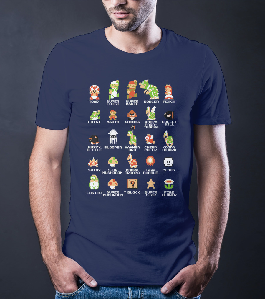 Super Mario 8 Bit Pixel Characters And Enemies List T-Shirt