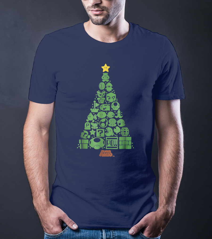 Super Mario Green Icon Christmas Tree With Star And Blocks T-Shirt