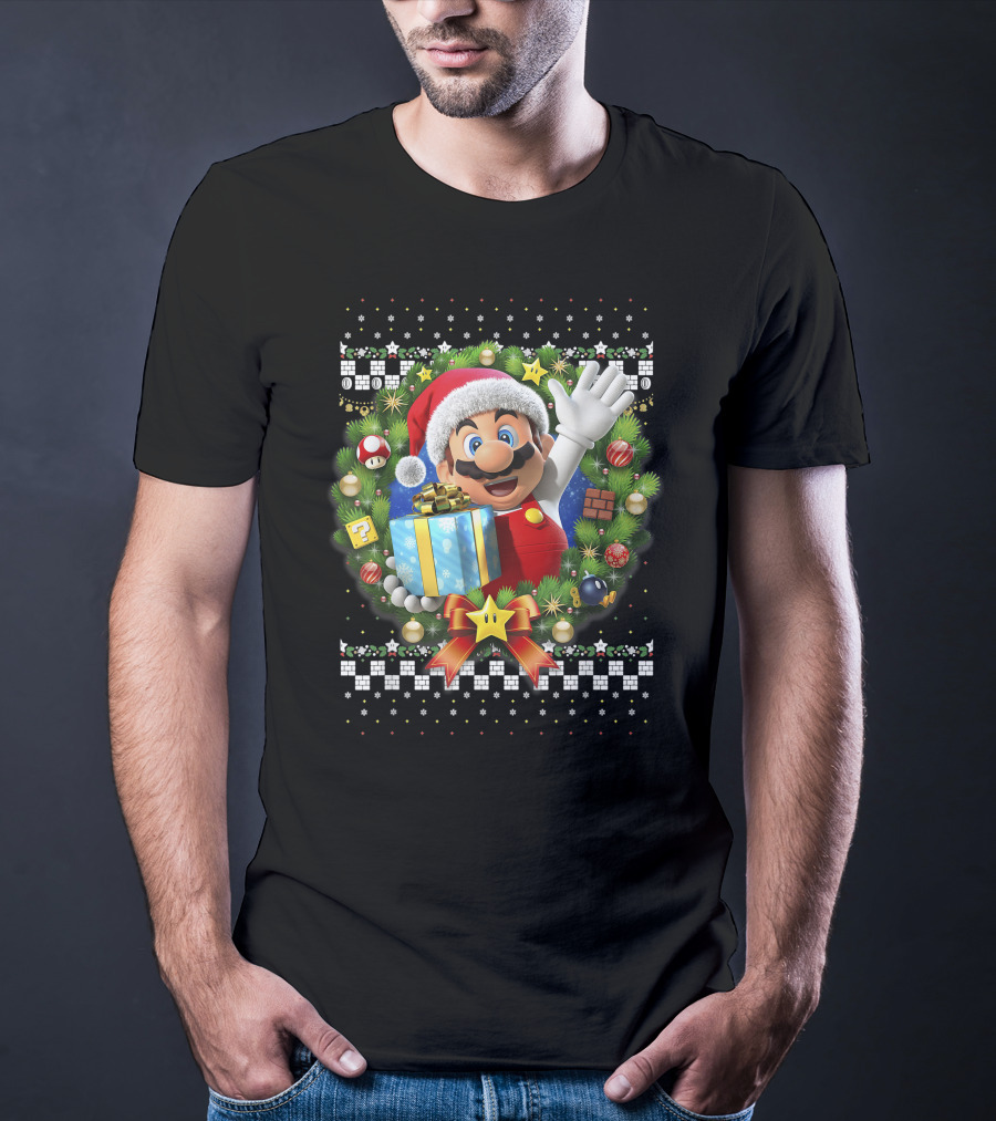 Super Mario Christmas Wreath Santa Present With Gift And Iconic Symbols T-Shirt