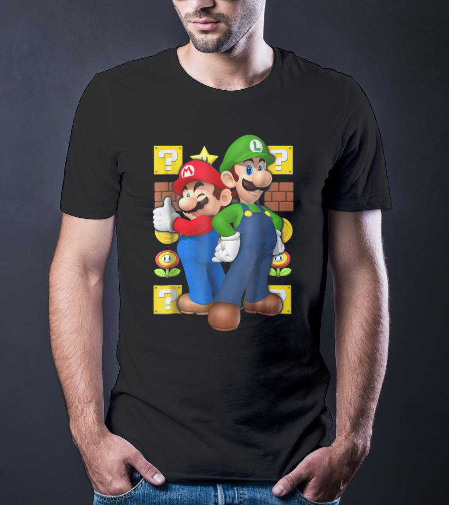 Super Mario Brothers Mario And Luigi With Question Blocks And Power-Up Icons T-Shirt
