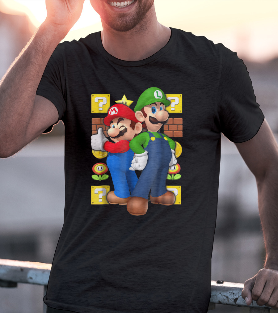 Super Mario Brothers Mario And Luigi With Question Blocks And Power-Up Icons T-Shirt