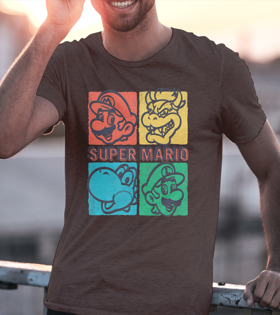 Super Mario Bowser Yoshi Luigi Distressed Square Group Shot T-Shirt