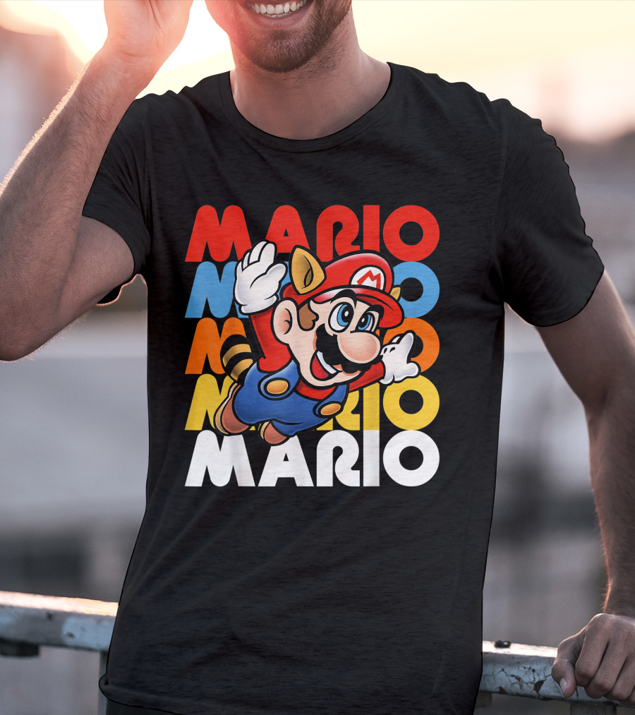 Funny Super Mario Retro Raccoon Flying Mario Repeat T-Shirt