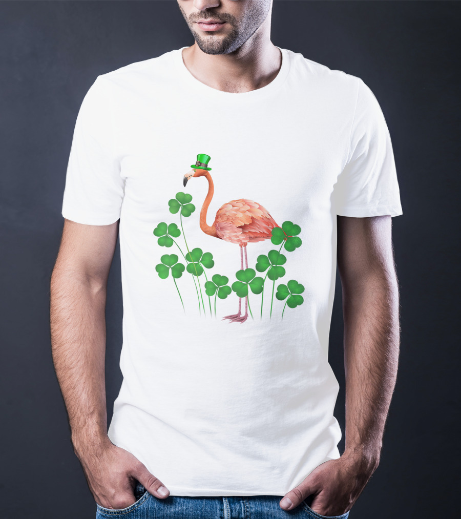 Flamingo With Shamrocks And Leprechaun Hat T-Shirt