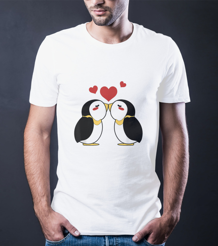 Cute Penguin Lovers Kissing With Hearts Above T-Shirt