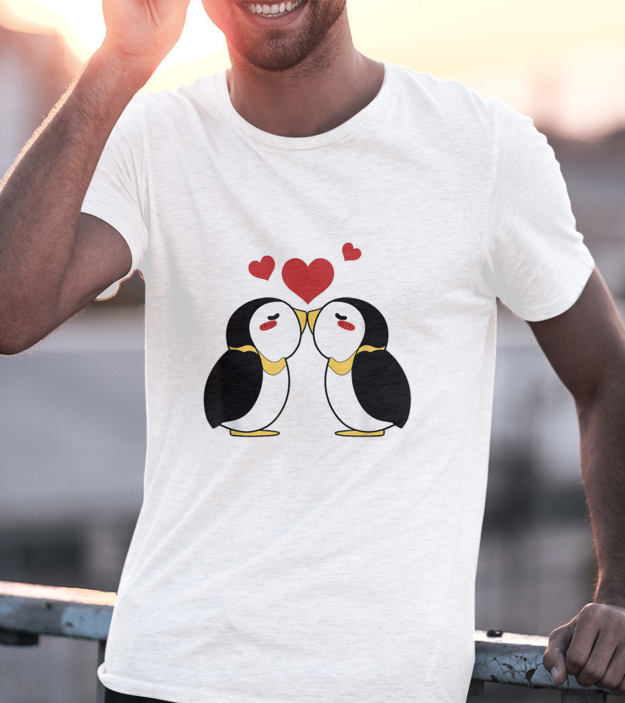 Cute Penguin Lovers Kissing With Hearts Above T-Shirt