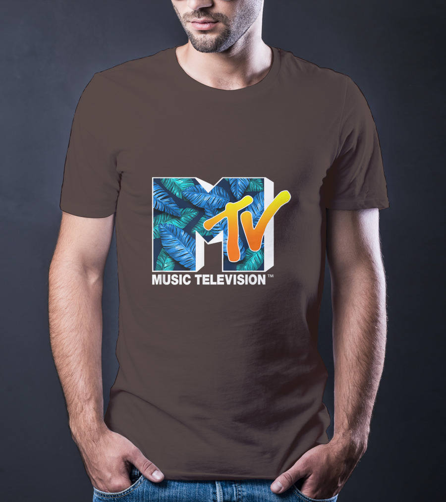 MTV Music Television Blue Green Tropical Leaf Fill T-Shirt
