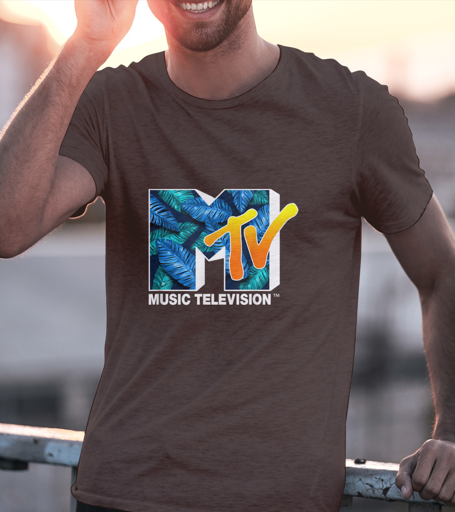 MTV Music Television Blue Green Tropical Leaf Fill T-Shirt