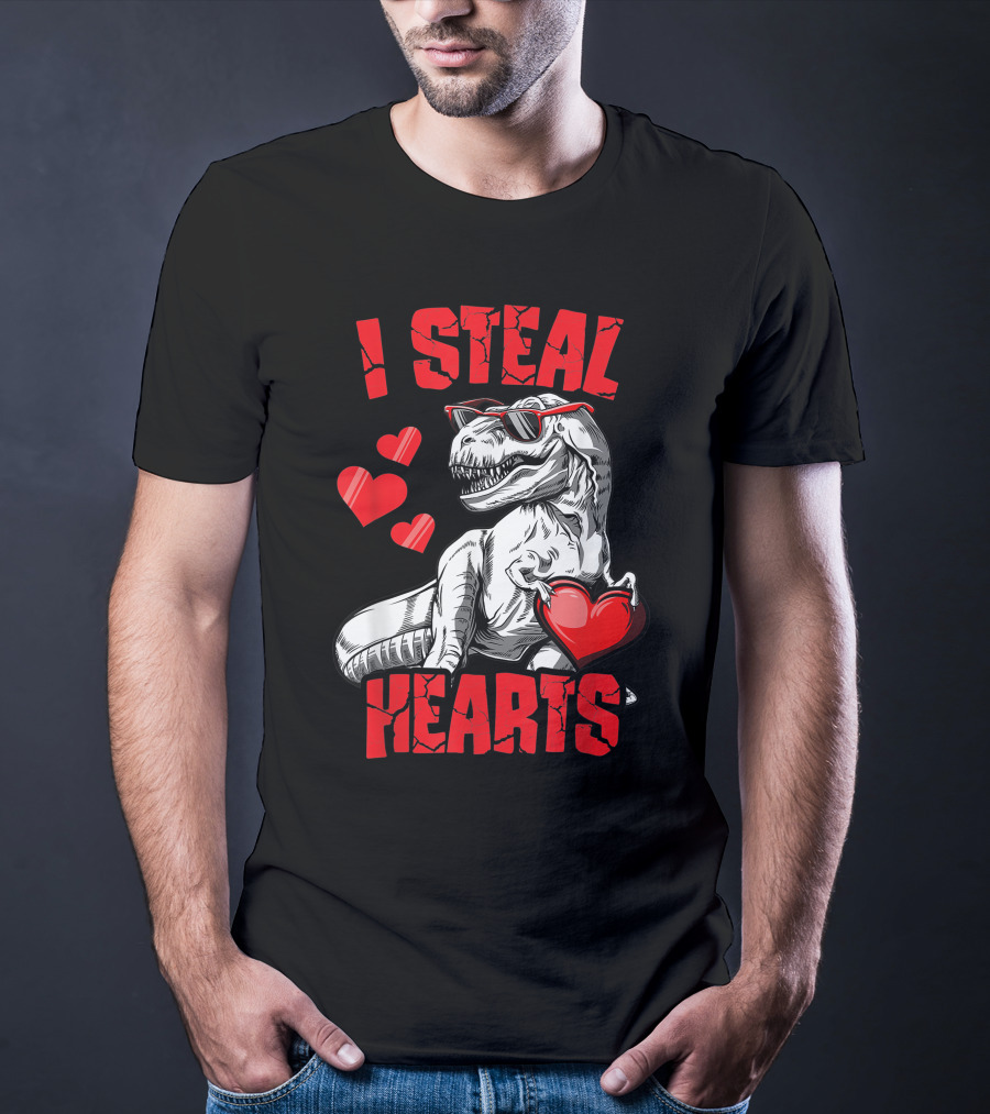 Valentines Day Kids Dinosaur T-Rex Lover I Steal Hearts T-Shirt