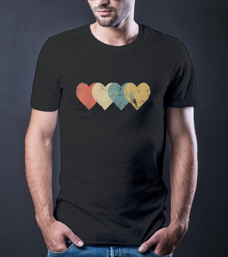 Vintage Hearts Distressed Red Yellow Blue Teal T-Shirt