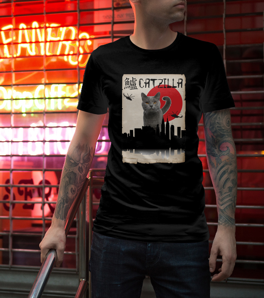 Catzilla Japanese Monster Cat Red Sun Helicopters City Skyline T-Shirt