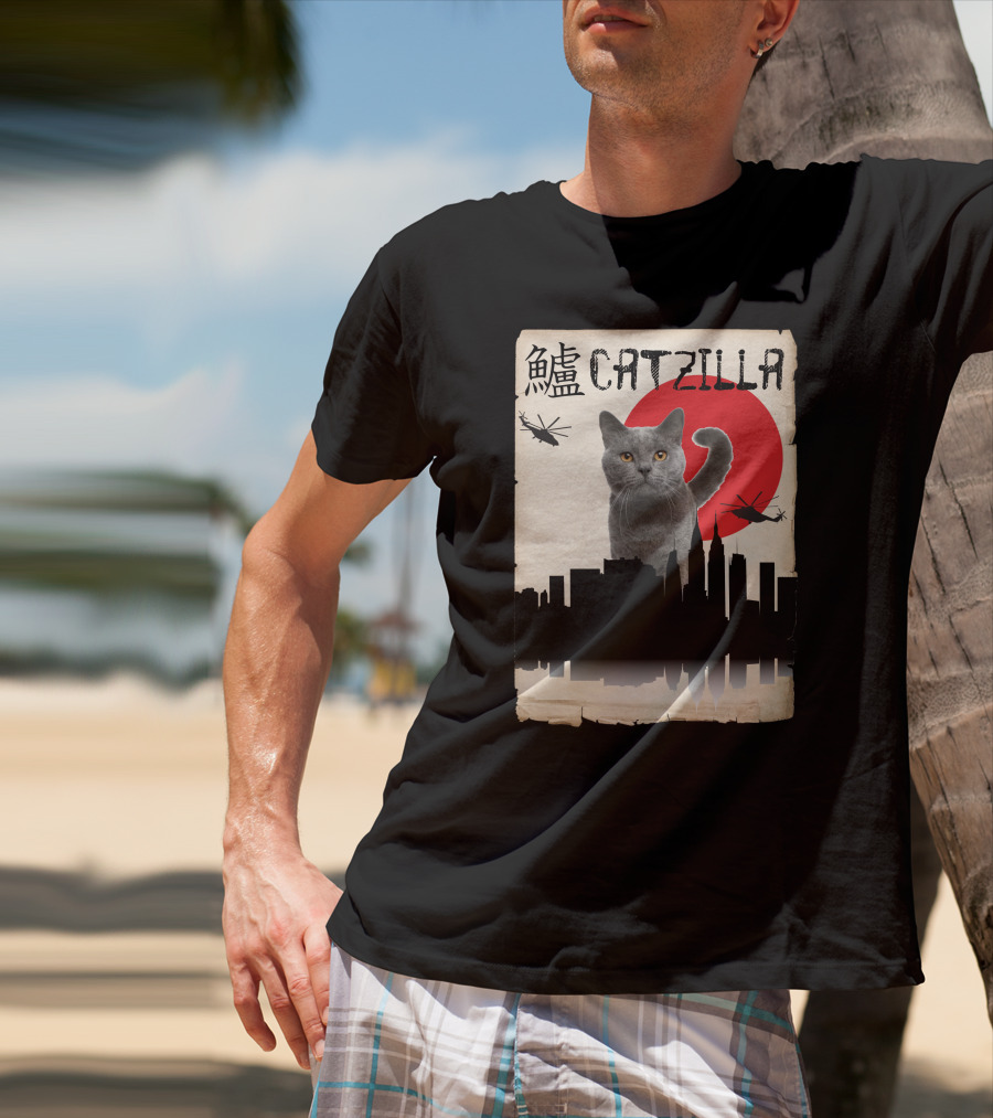 Catzilla Japanese Monster Cat Red Sun Helicopters City Skyline T-Shirt