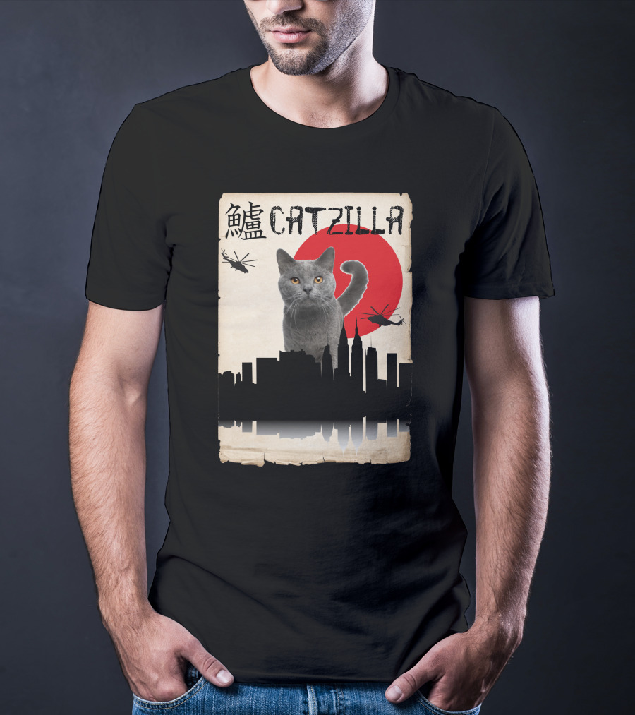 Catzilla Japanese Monster Cat Red Sun Helicopters City Skyline T-Shirt