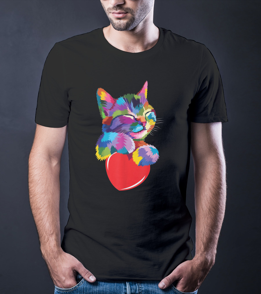 Colorful Cat Hugging Red Heart Cat Lover T-Shirt