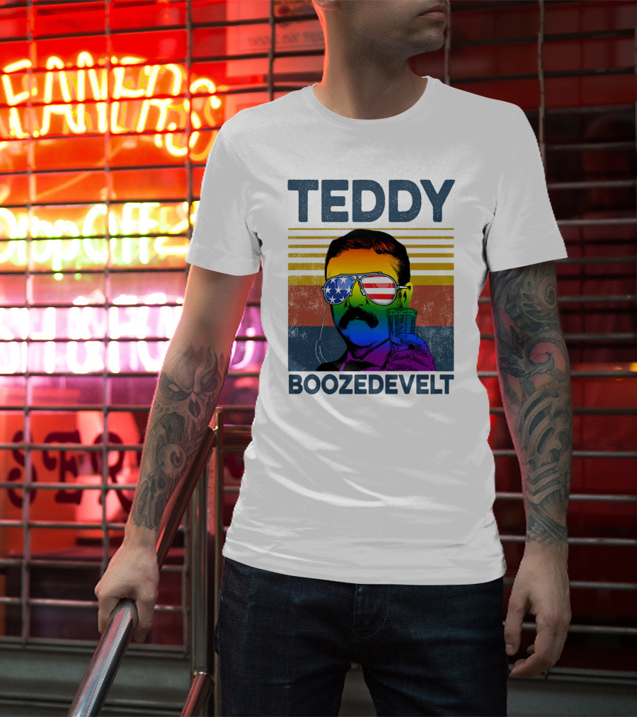Teddy Boozedvelt Rainbow American Flag Sunglasses Beer Drink T-Shirt