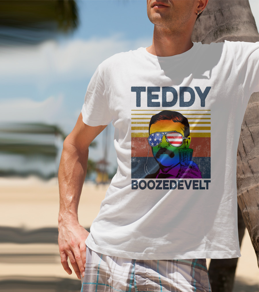 Teddy Boozedvelt Rainbow American Flag Sunglasses Beer Drink T-Shirt