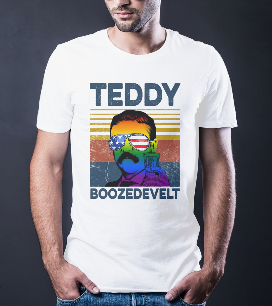 Teddy Boozedvelt Rainbow American Flag Sunglasses Beer Drink T-Shirt