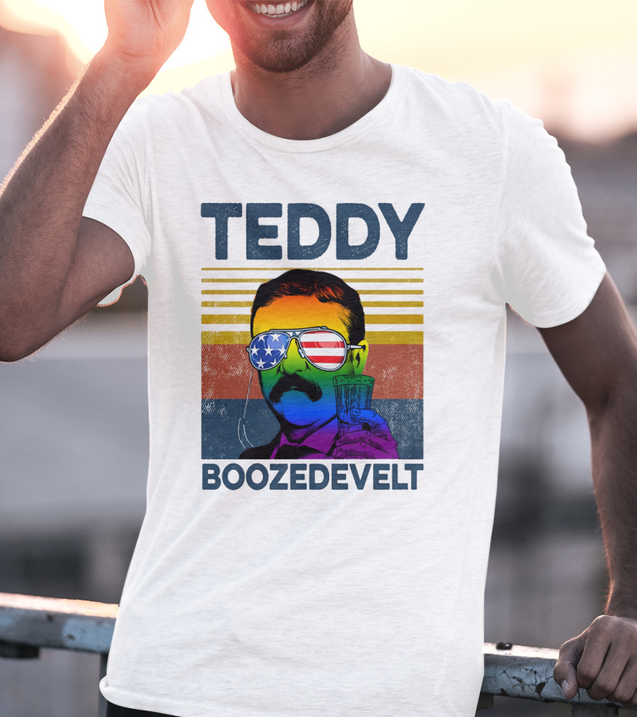 Teddy Boozedvelt Rainbow American Flag Sunglasses Beer Drink T-Shirt