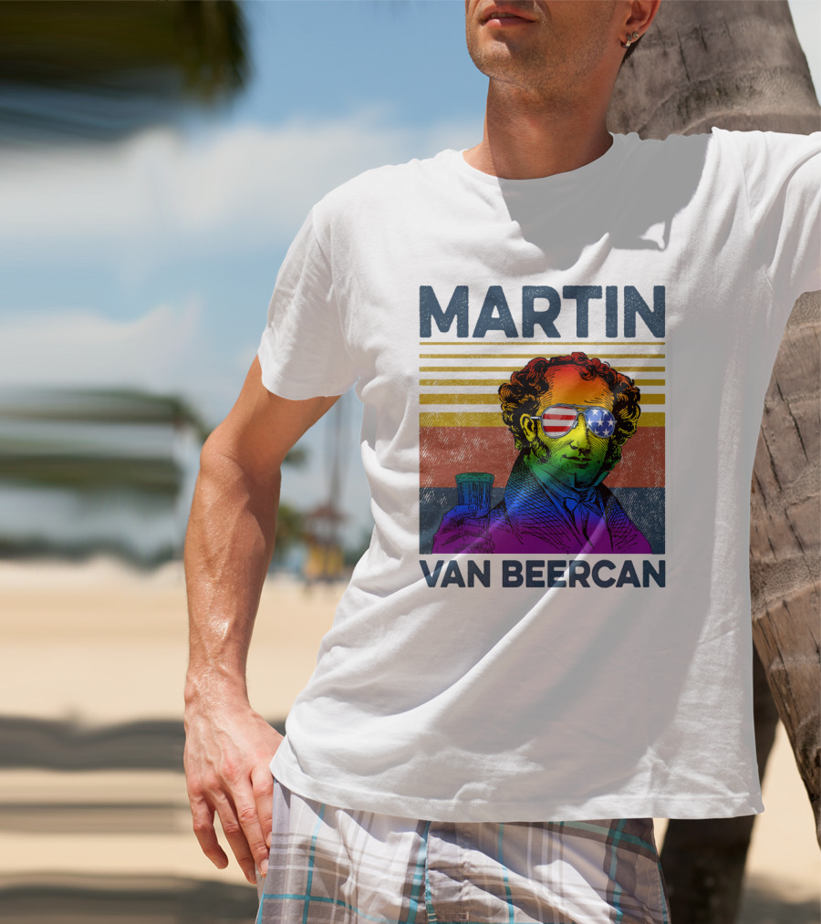 Martin Van Beercan American Flag Sunglasses Retro Drink Stripe T-Shirt