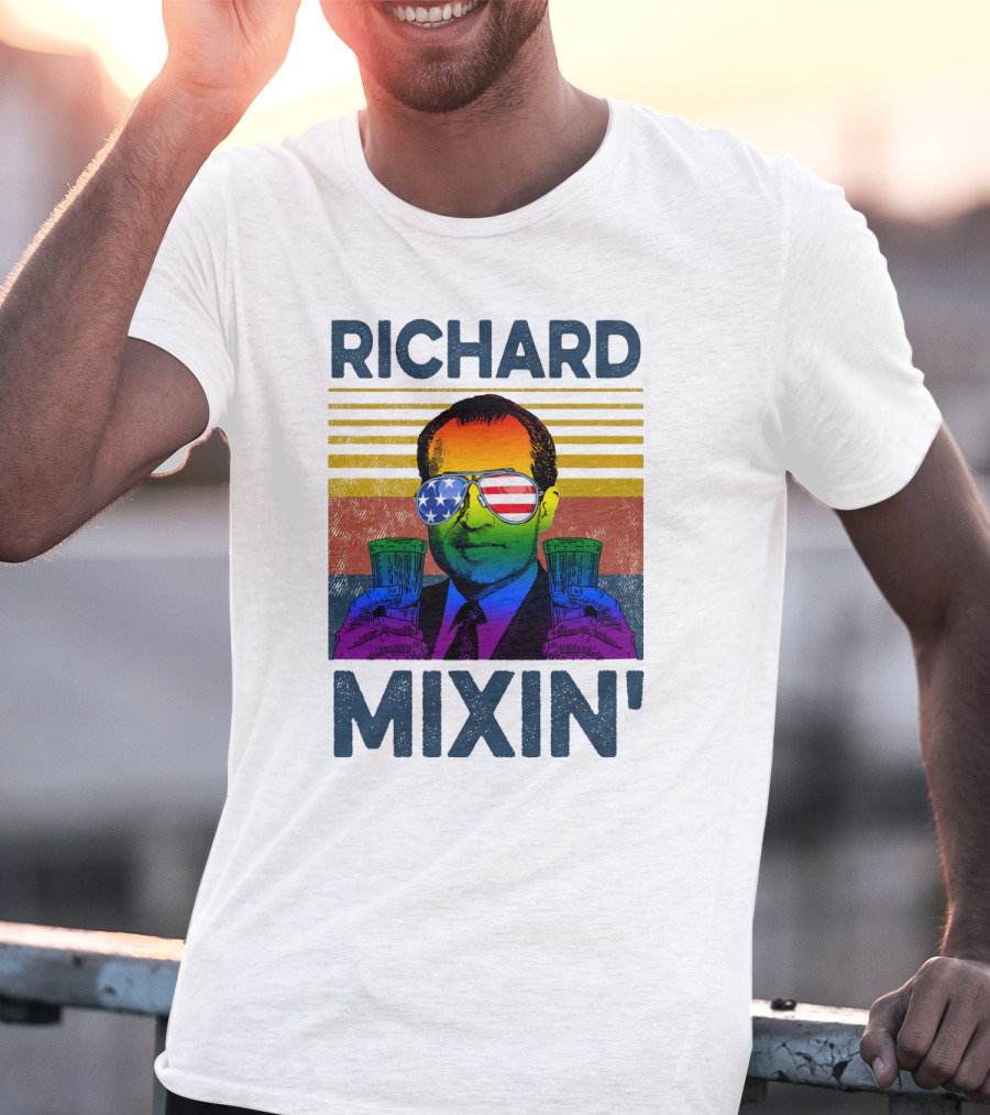 Richard Mixin' Beer Drink Patriotic Sunglasses Rainbow Stripes T-Shirt