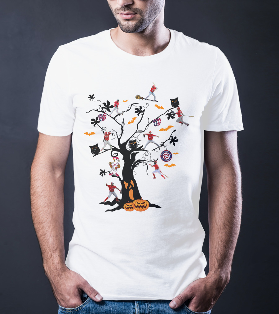 Washington Nationals Halloween Baseball Spooky Tree With Pumpkins And Bats T-Shirt
