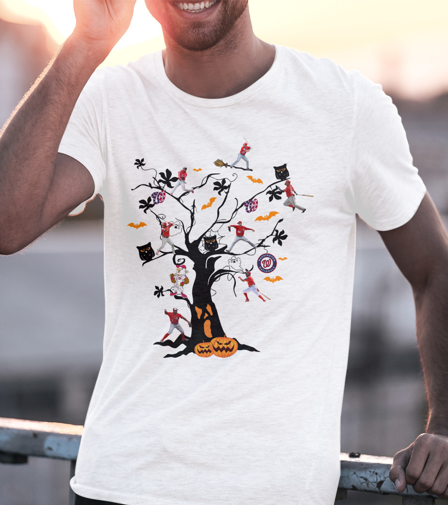 Washington Nationals Halloween Baseball Spooky Tree With Pumpkins And Bats T-Shirt