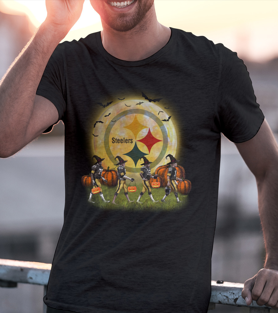 Pittsburgh Steelers Halloween Witch Moon Pumpkin Bats Football Players T-Shirt