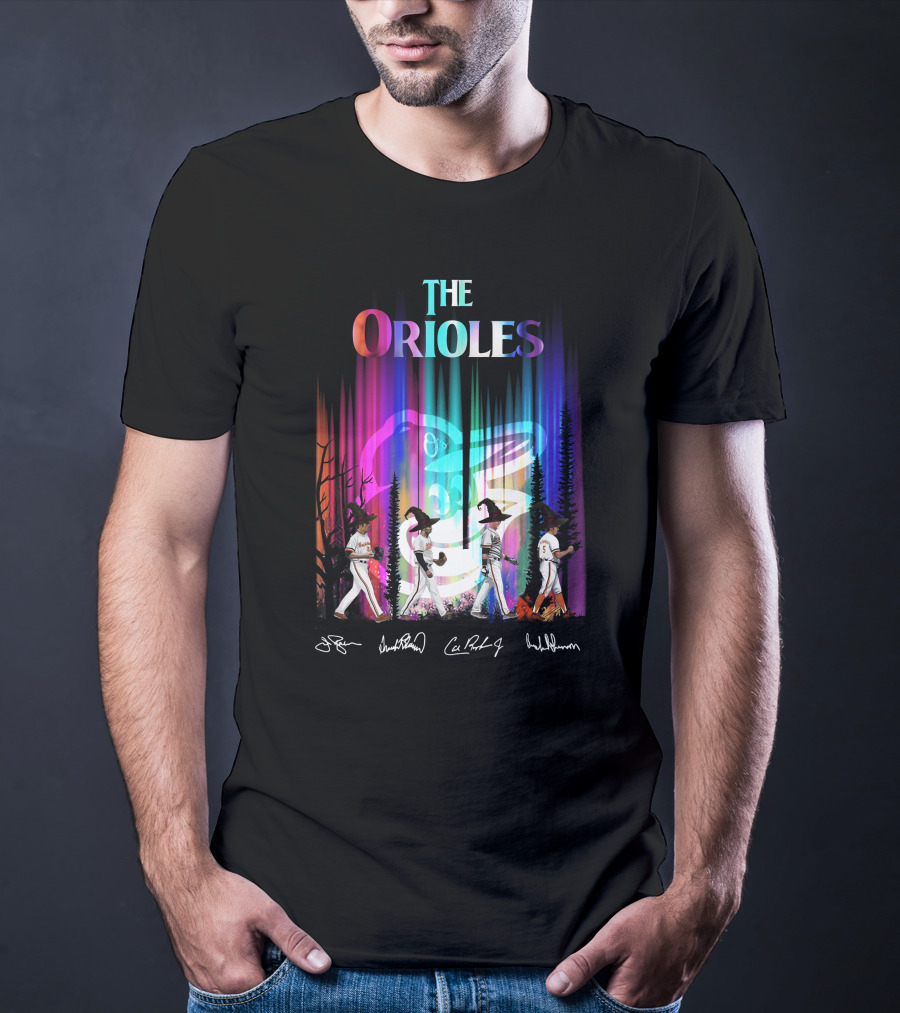 The Orioles Players And Signatures With Logo And Rainbow Background T-Shirt