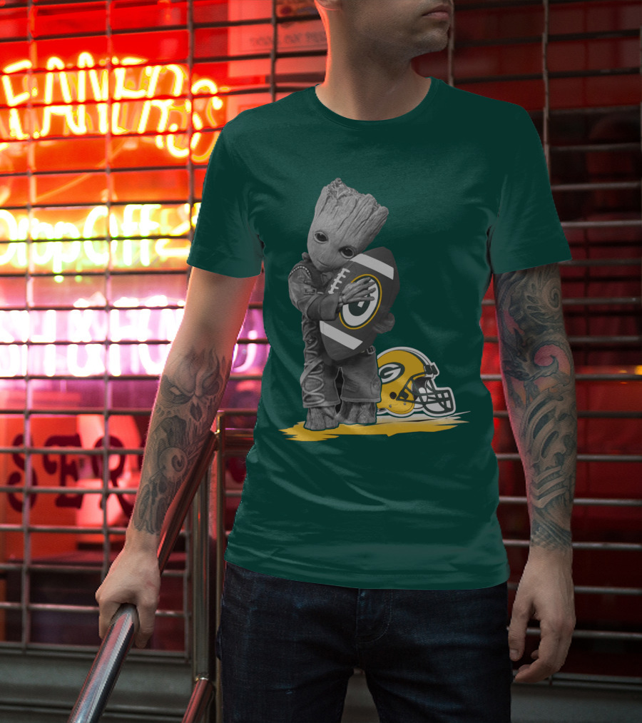 Groot Hugging Green Bay Packers Football With Helmet T-Shirt