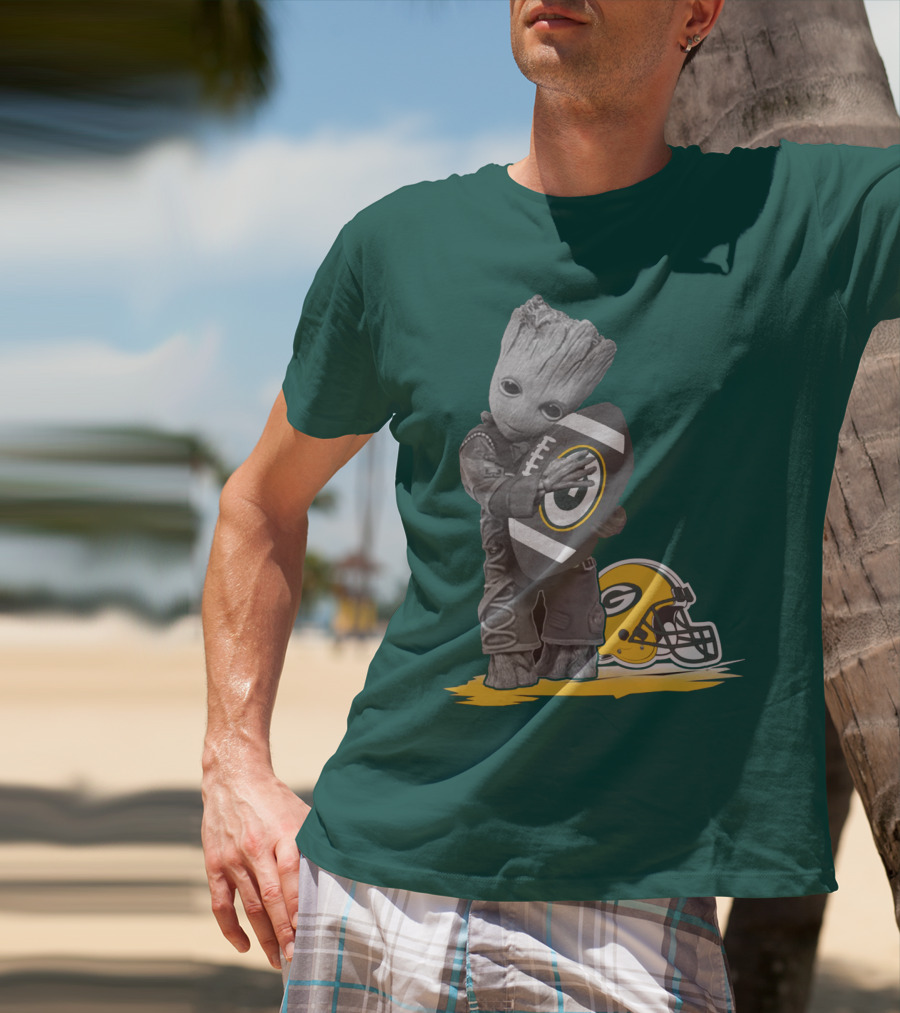 Groot Hugging Green Bay Packers Football With Helmet T-Shirt