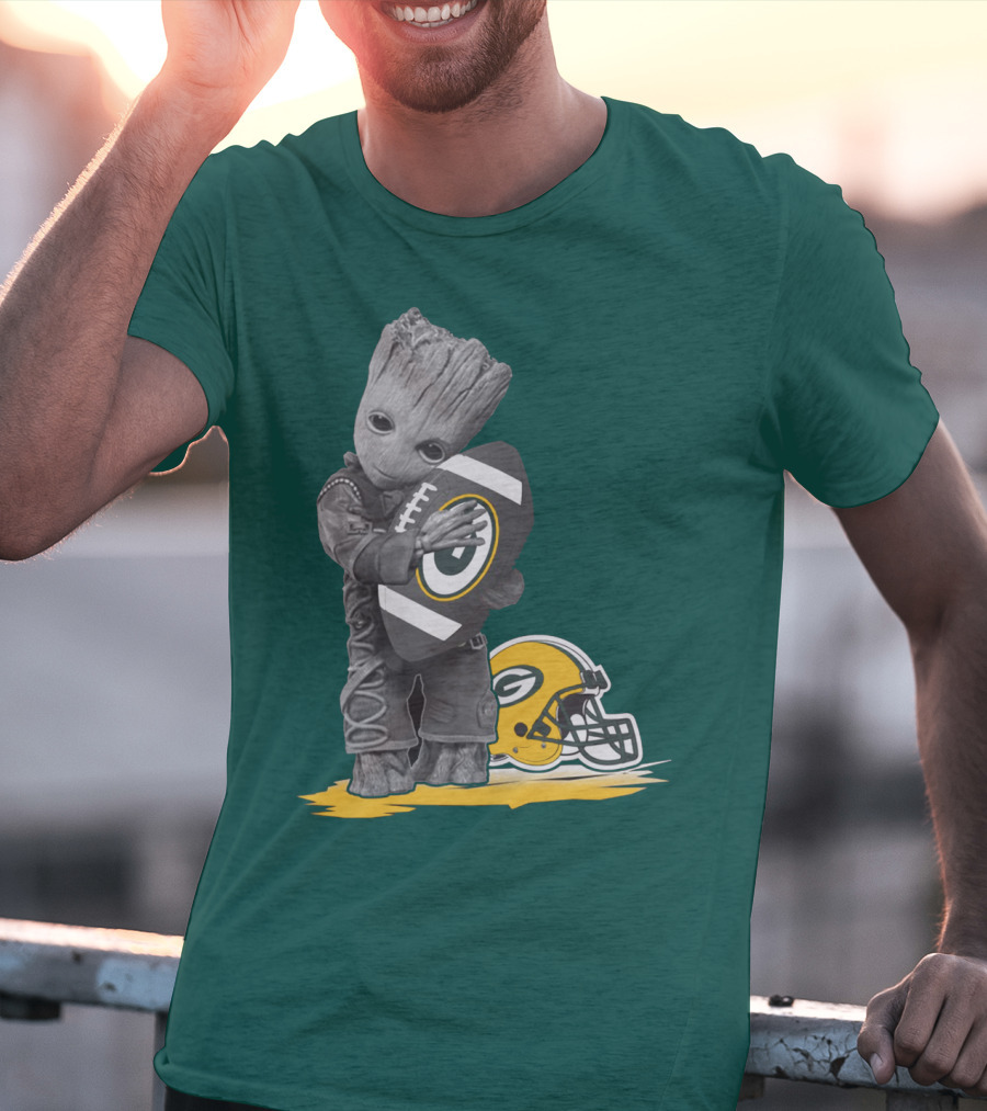 Groot Hugging Green Bay Packers Football With Helmet T-Shirt