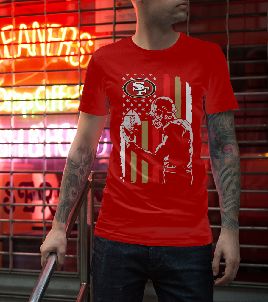San Francisco 49ers Football Player With Logo And American Flag T-Shirt