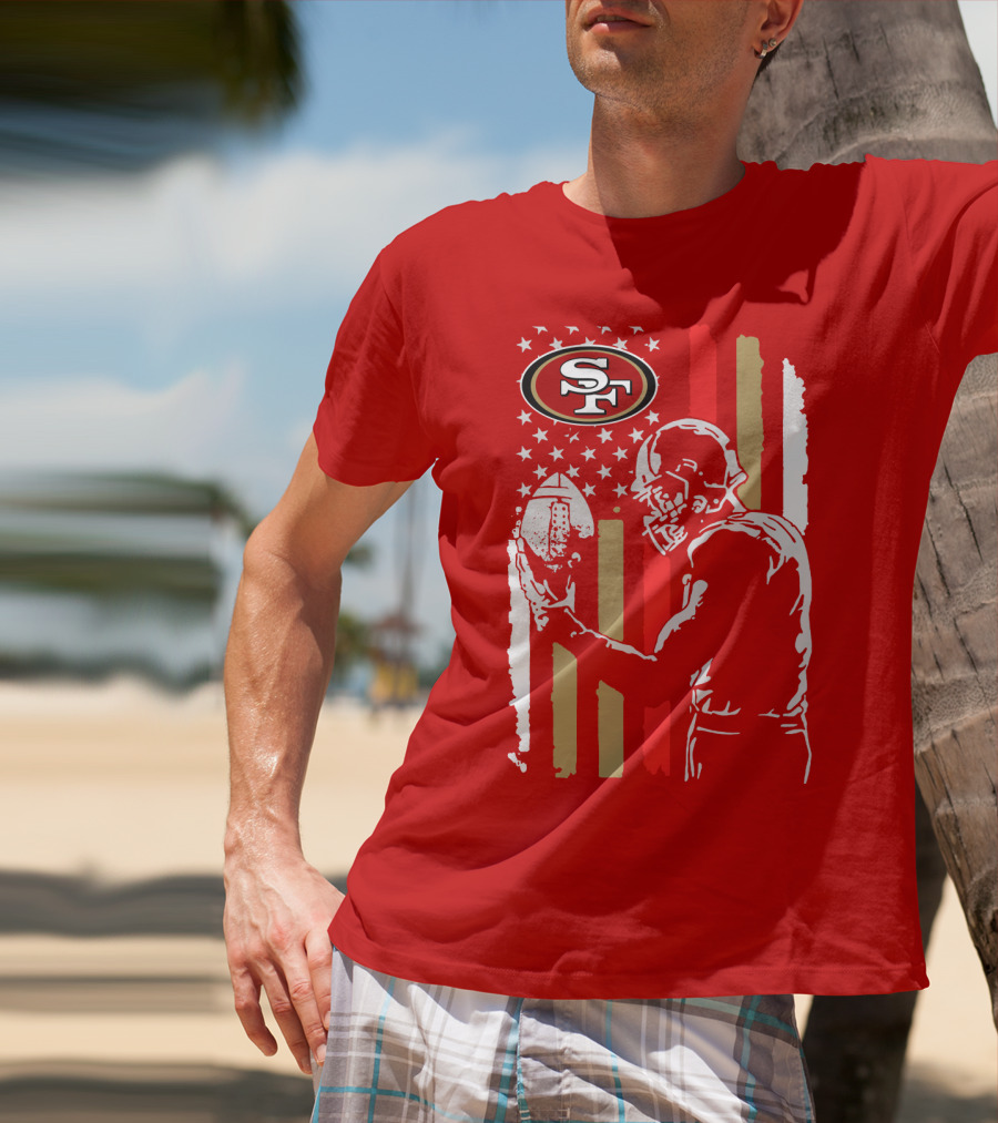San Francisco 49ers Football Player With Logo And American Flag T-Shirt