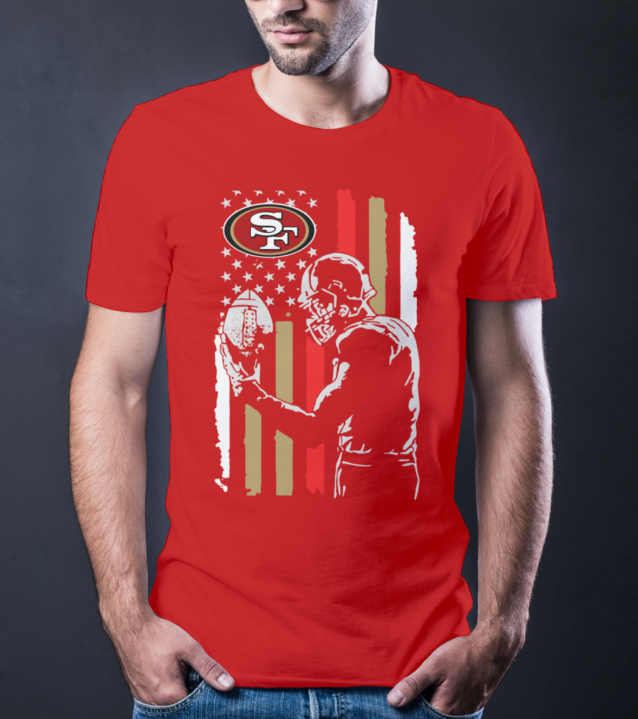 San Francisco 49ers Football Player With Logo And American Flag T-Shirt