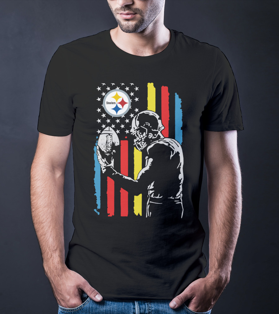 Pittsburgh Steelers American Flag Football Player Silhouette T-Shirt