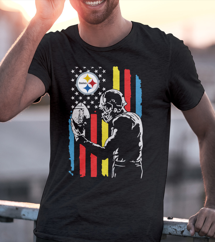 Pittsburgh Steelers American Flag Football Player Silhouette T-Shirt