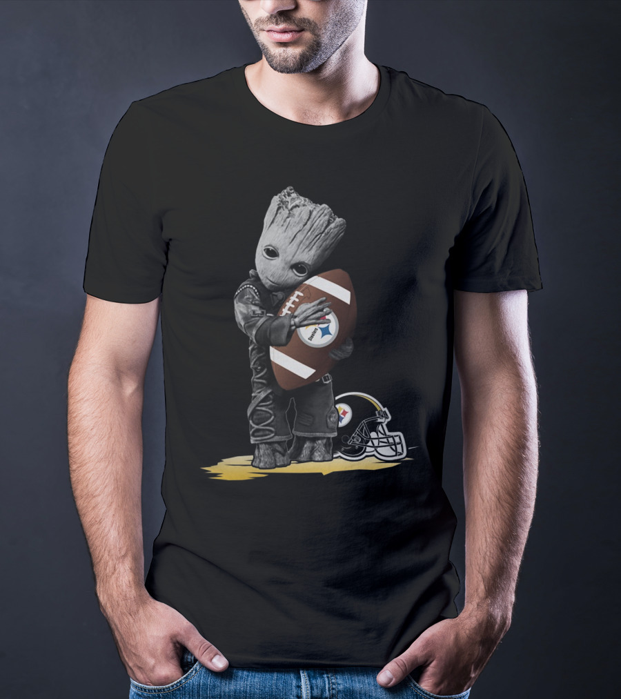 Groot Holding Football With Pittsburgh Steelers Helmet T-Shirt