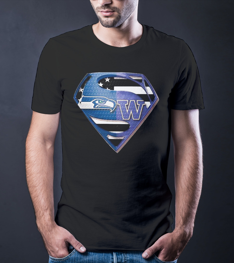 Superman Seattle Seahawks Washington Huskies Logo Combination T-Shirt