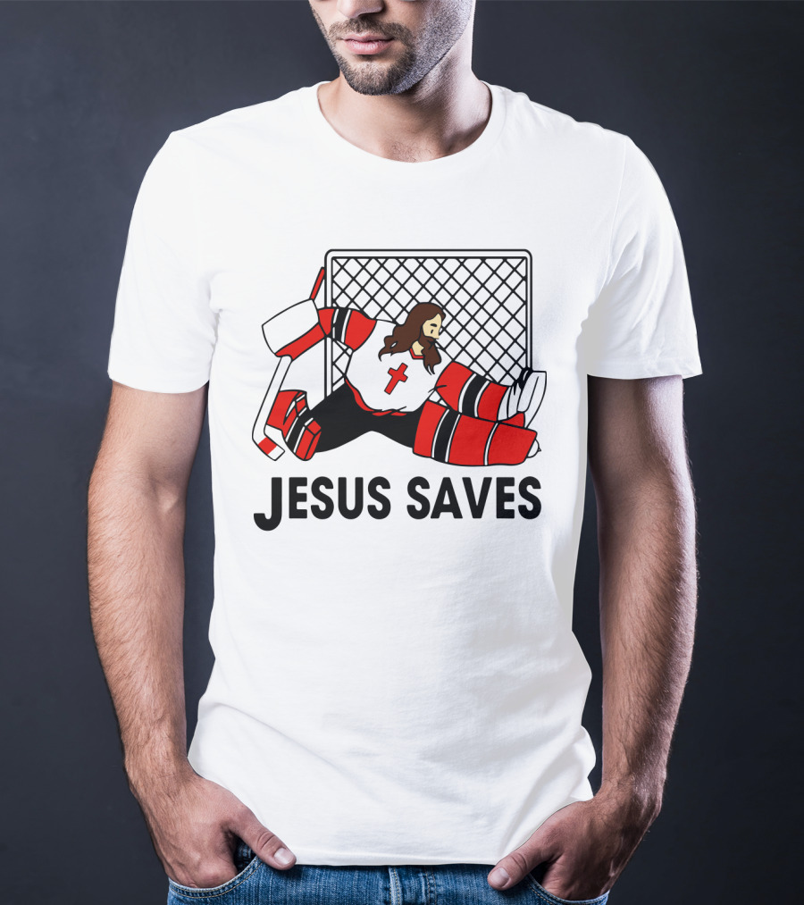 Hockey Jesus Saves Goalkeeper With Cross Motif In Action T-Shirt