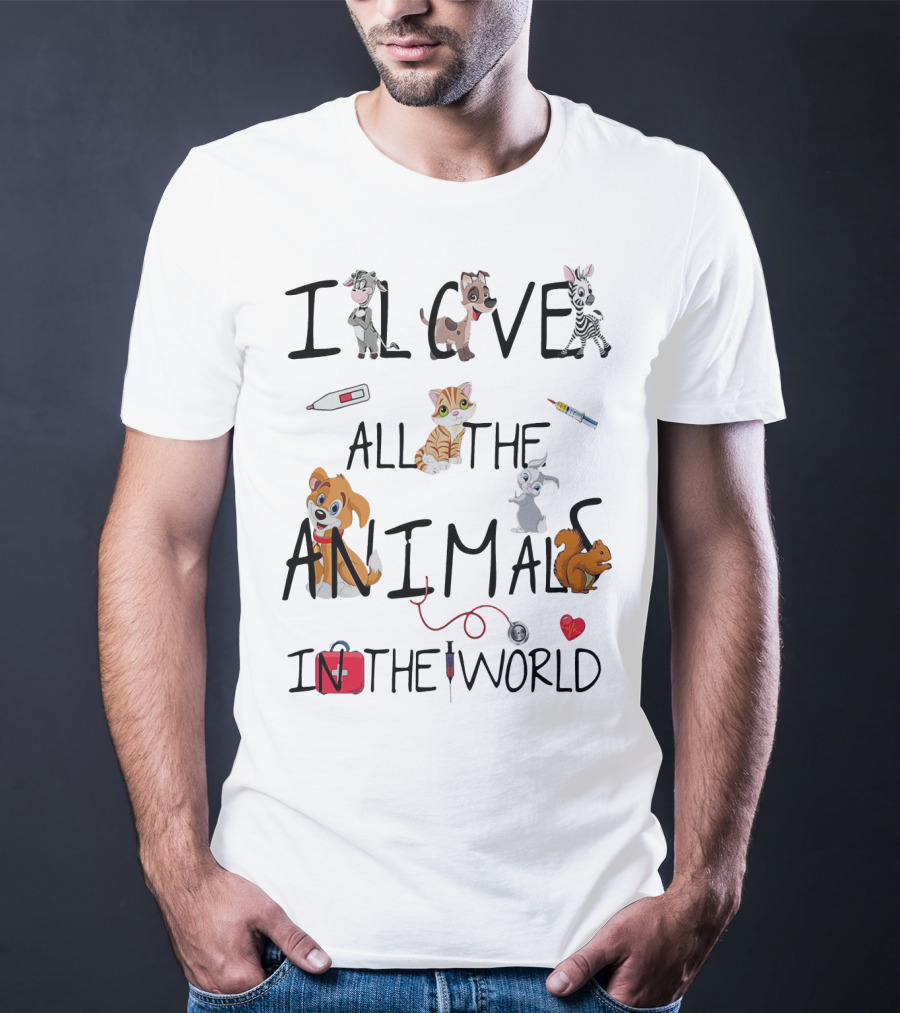 I Love All The Animals In The World Vet Theme With Cute Cartoon Animals And Medical Tools T-Shirt