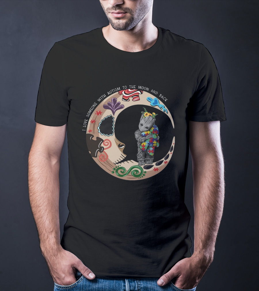 Baby Groot Holding Autism Puzzle Blanket In Vibrant Moon Circle I Love Someone With Autism To The Moon And Back T-Shirt