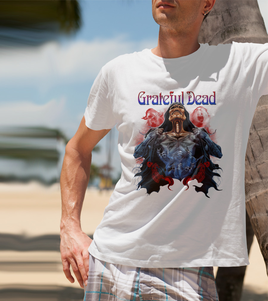 Grateful Dead Skeleton Artwork With Red And Blue T-Shirt