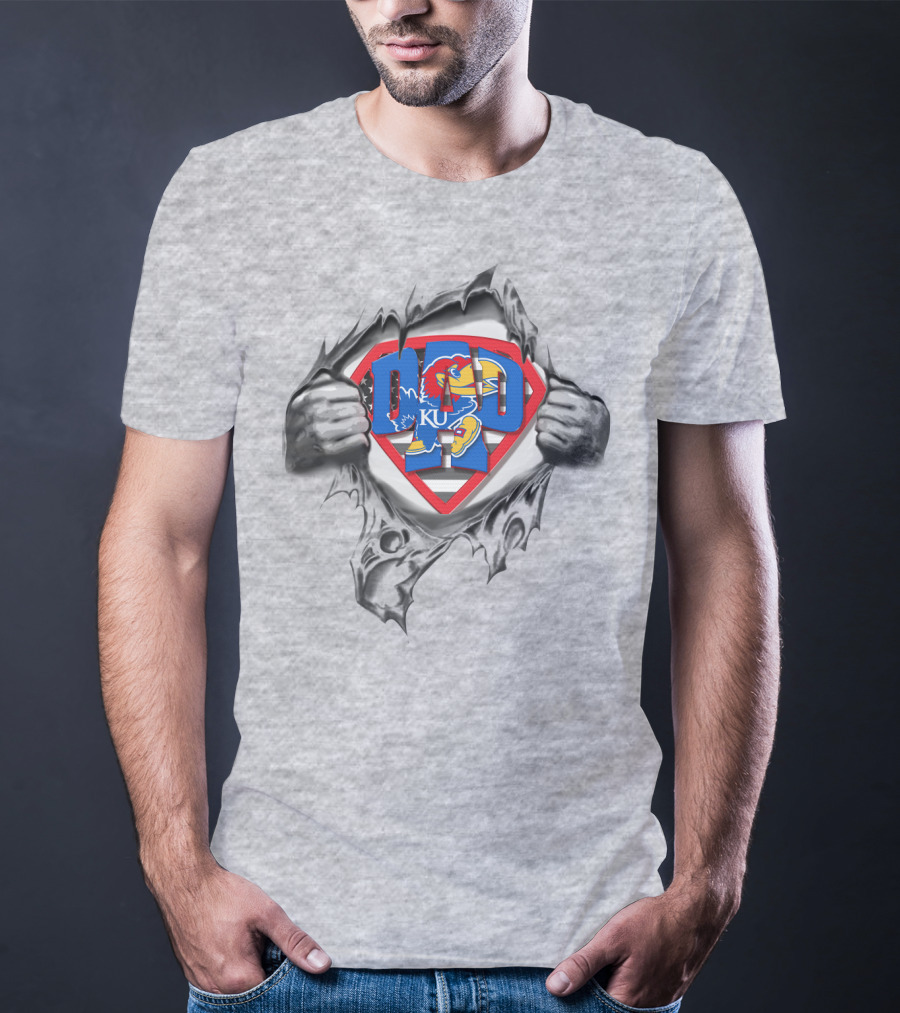 Superdad Kansas Jayhawks Ku Logo Torn Superhero Chest T-Shirt
