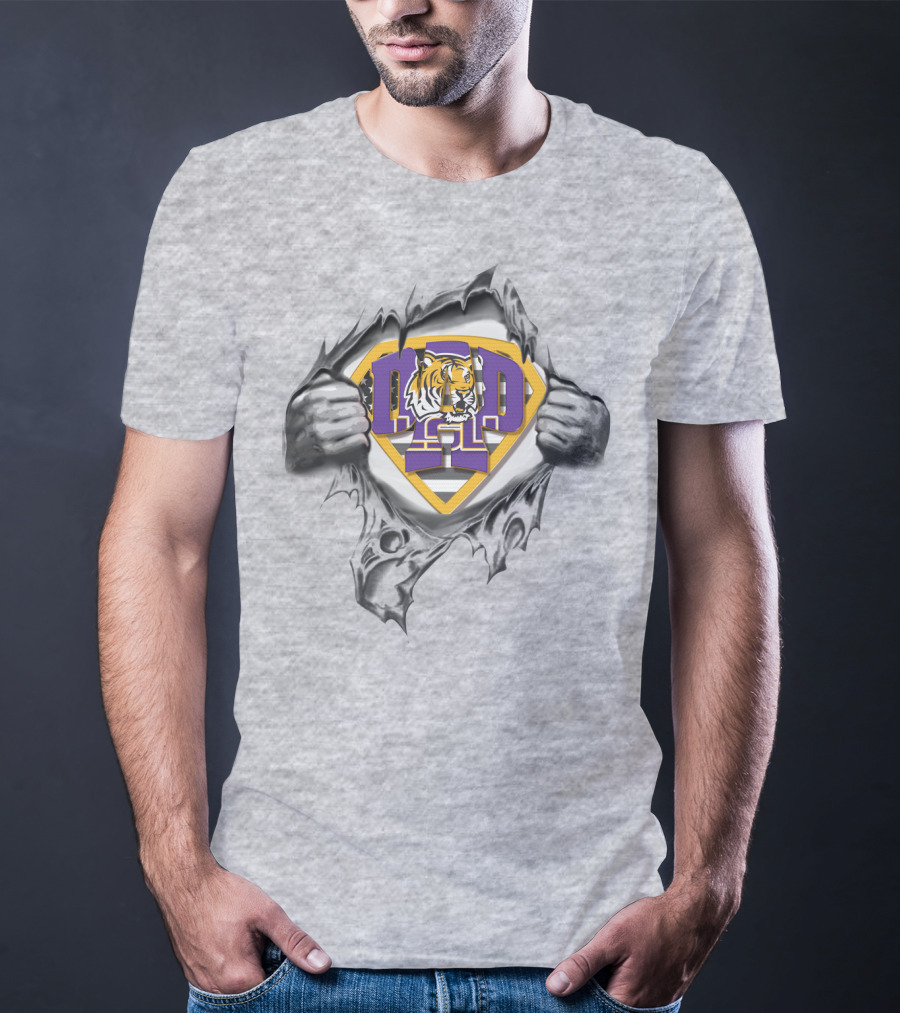 Superdad Lsu Tigers Iconic Tiger Face Logo IN Superhero S Chest Ripped Effect T-Shirt