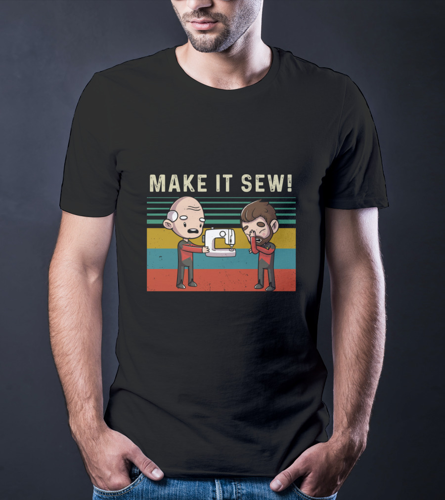 Make It Sew Featuring William Riker And Jean Luc Picard Sewing Machine T-Shirt
