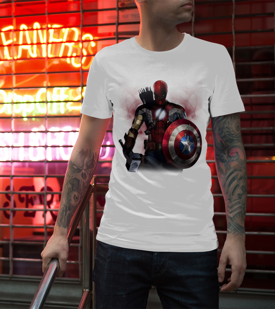 Overpowered Avengers Man Captain America Spider-Man Thor Iron Man Fusion With Shield And Mjolnir T-Shirt